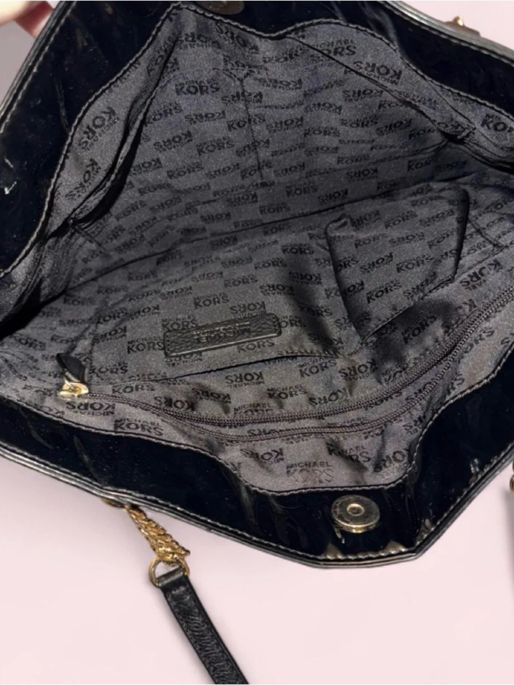 Michael Kors Black Patent MK Logo Tote with Gold Chain Accents